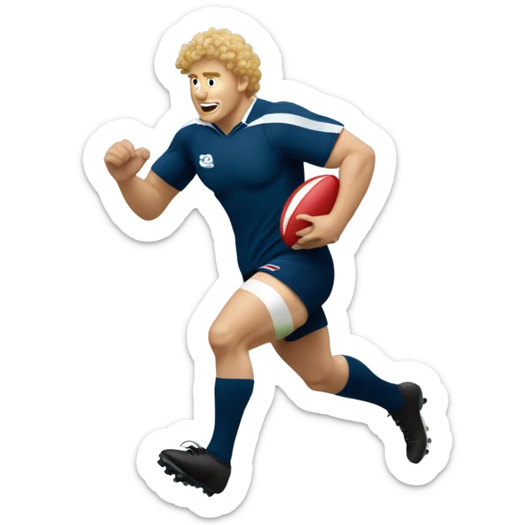 Rugby player that is a white guy with curly blonde hair and is runing with a rugby ball sticker