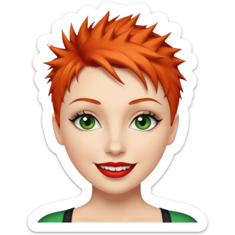Short spikey Ginger hair, green eyes, black long eye lashes large red lips White woman happy sticker