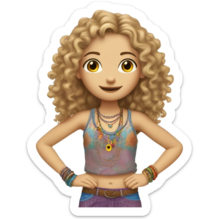 Caucasian hippie girl with curly dirty blonde hair, hazel eyes, baggy colorful pants and a tank top, lots of bohemian bracelets and jewelry sticker