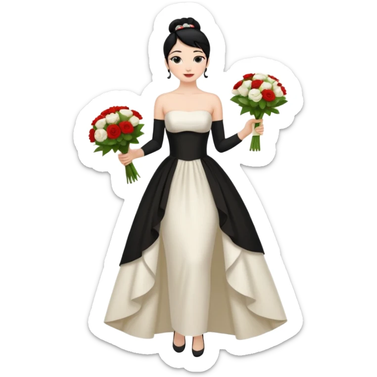Chica blanca,cuerpo entero, vestido boda asimétrico estrecho tirantes , pelo negro,    ramo de flores una mano, pelo recogido en moño alto sticker
