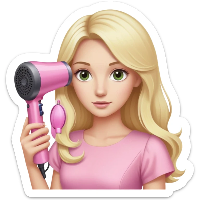 blonde with long hair, swamp eyes, pink pastel dress, holding pink Dyson hair dryer sticker