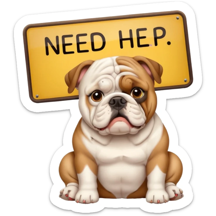 cute English bulldog sitting beside a 'need help' sign, emoji style sticker