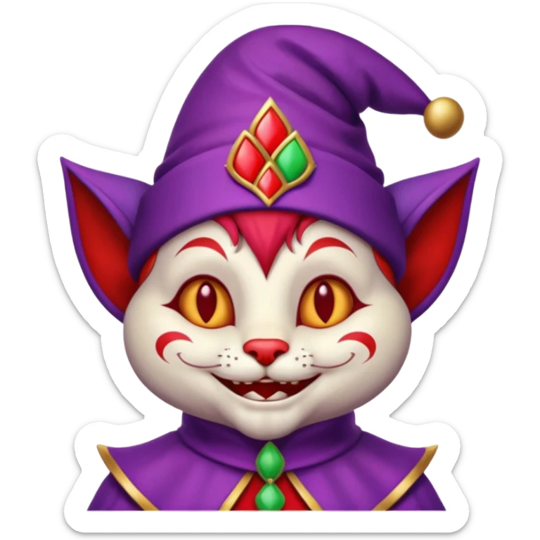 crazy colorful cute little cat jolly joker from poker, medieval, vintage, court jester, mac os icon, purple and red color, half body sticker