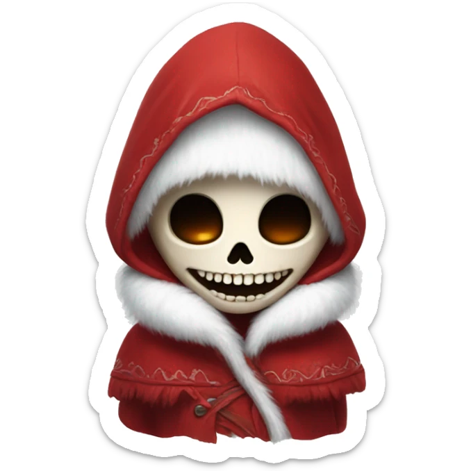 Cute, happy little skull wearing a red velvet hood with fluffy white fur trim. sticker