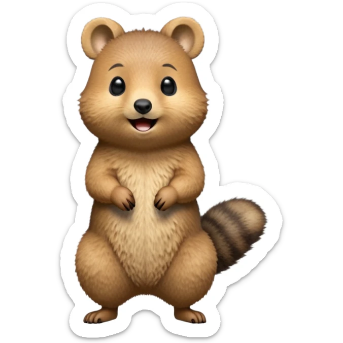 cinematic-quokka-realistic-full-body-standing on its hind legs hunched over-emoji,-small-round-frame-balanced-on-tiny-strong-hind-legs,giant fluffy cheeks large smile-fluffy-brown-fur-radiating-a-warm-softness skinny tail, ,-big-round-eyes-filled-with-joy-and-innocence,-tiny-clawed-paws-held-close-to-chest,-cheerful-smile-exuding-endearing-happiness,-simplified-yet-realistic-focused-features,-highly-detailed,-glowing-with-a-sunny-warmth, expressive eyes  sticker