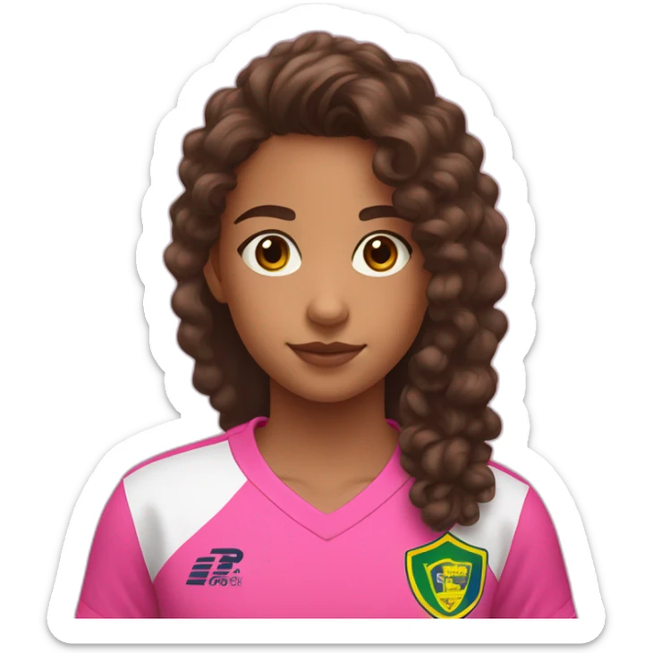 A 12 years old girl with long curly brown hair and a little nose and brown eyes with Pink mouton with à Black watch wearing Brazil shirt sticker