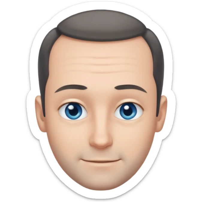 Man with black-greyish receding hairline, some hair on top, small blue eyes, clear face, shy smile sticker