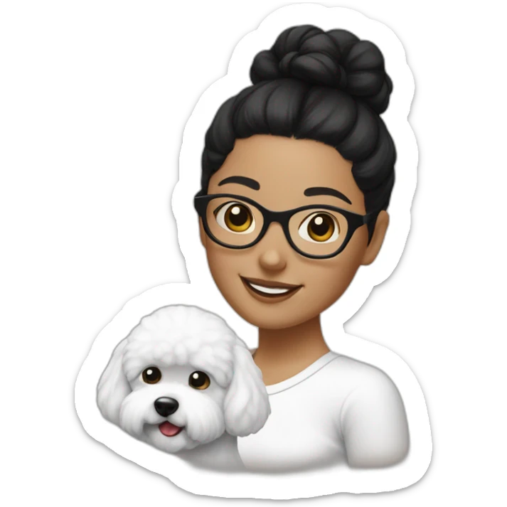 woman-black hair-bun-with glasses-with bichon dog-white-smile sticker