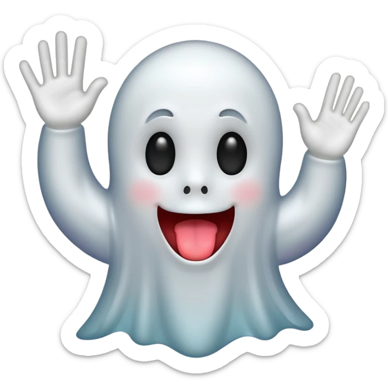 ghost emoji with tongue out with one hand up and one down and 6 above the left hand and 7 above the right hand sticker