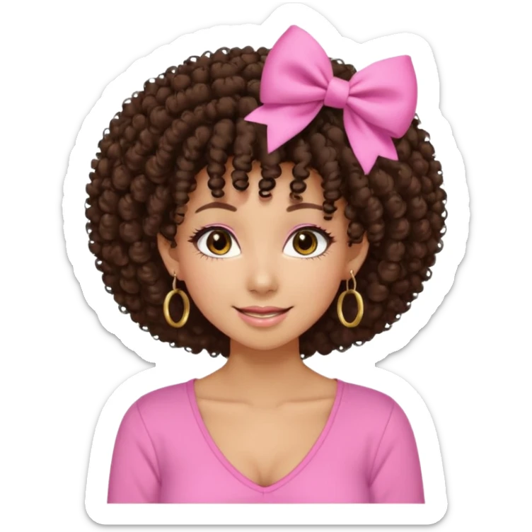 Naturally tan skin girl short darkBrown curly afropink shirt very long lashes hoop gold earrings Brown eyes gyaru smiling closed mouth cute bow hairclip small on the side. V neck pink shirt. Teenager sticker