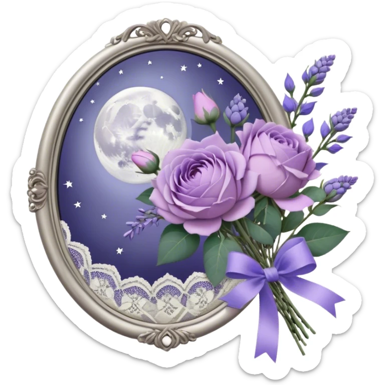 Under the soft light of a vintage brass lantern, a small bundle of lilac roses, indigo peonies, and delicate lavender sprigs is tied with a lace ribbon in a muted violet hue. Above, the sky is scattered with tiny silver stars, reflecting gently in the antique hand mirror with a moon-shaped handle beside the bouquet. sticker