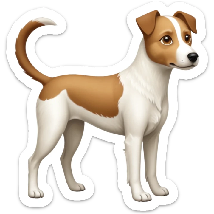 a full body large white parson russell looking dog the size of a kelpie with light brown flapped down ears and a light brown patch on one eye and a large snout sticker