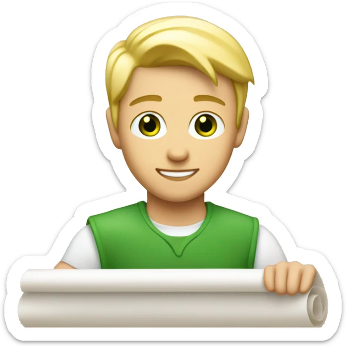a light-skinned blonde green-eyed male person sitting in front of the long white paper scroll sticker