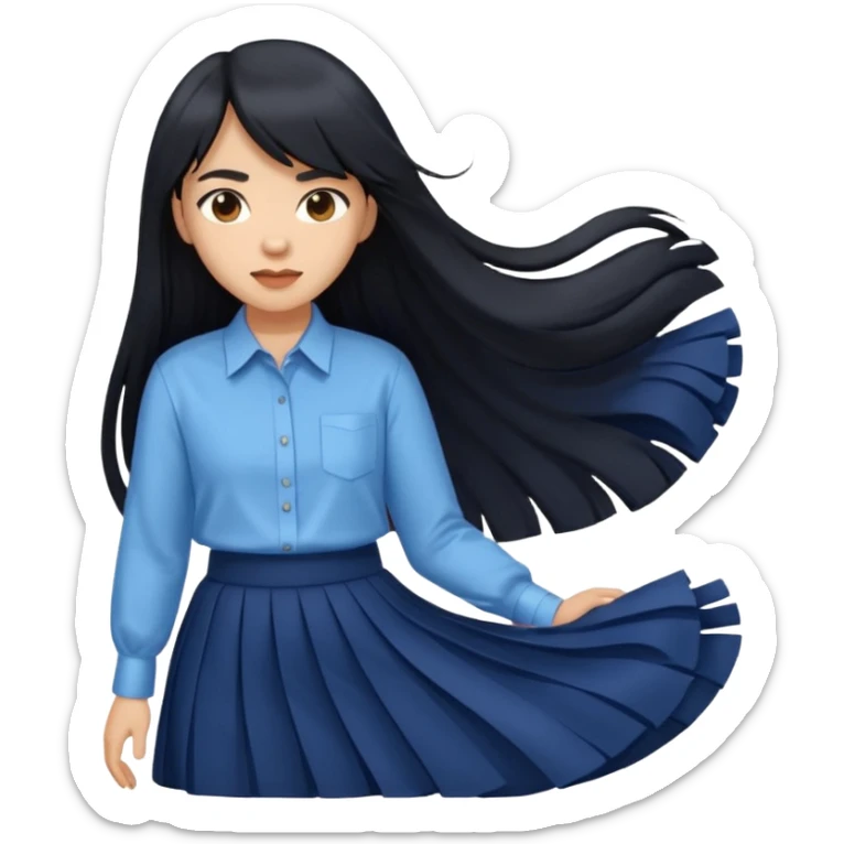 hair : black long hair with fringe 
skin : light 
cloth : oversize light blue shirt + navy long long skirt 
 sticker