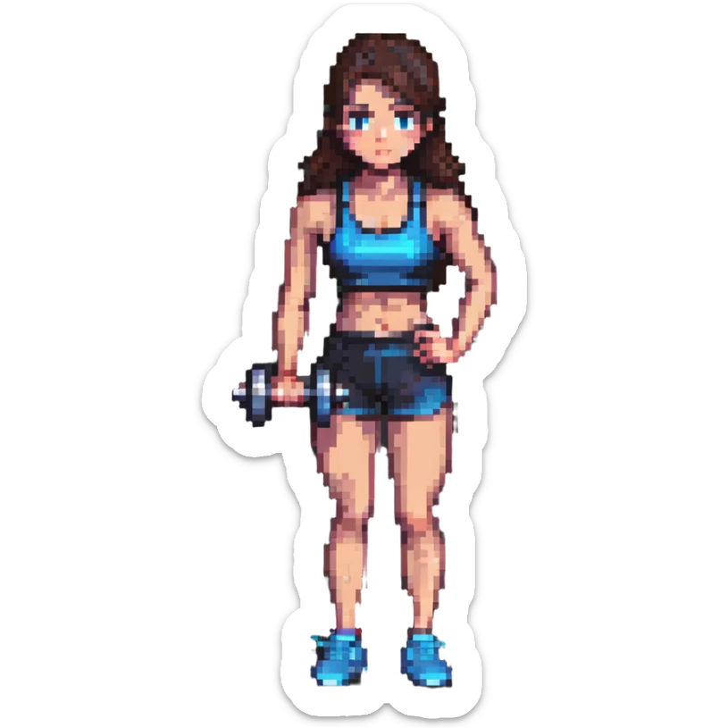 brunette girl in gym wear lifting a dumbbell, pixel art style sticker