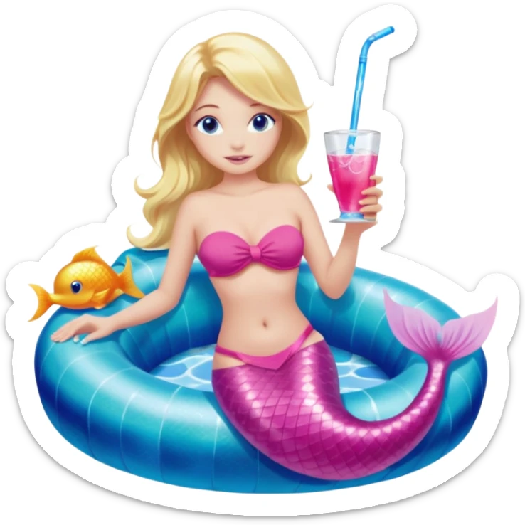 woman who is a mermaid with blonde hair and blue eyes sitting in a pink pool tube in a blue pool sipping a drink wearing a pink bikini top and a pink mermaid tail  sticker