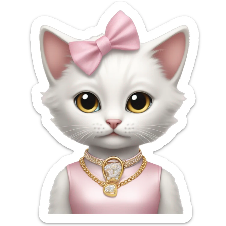 A cute white kitten wearing a pastel pink dress, a ribbon on its head, white Jordan shoes, Dior-branded gloves, a large gold necklace, and big silver earrings. sticker