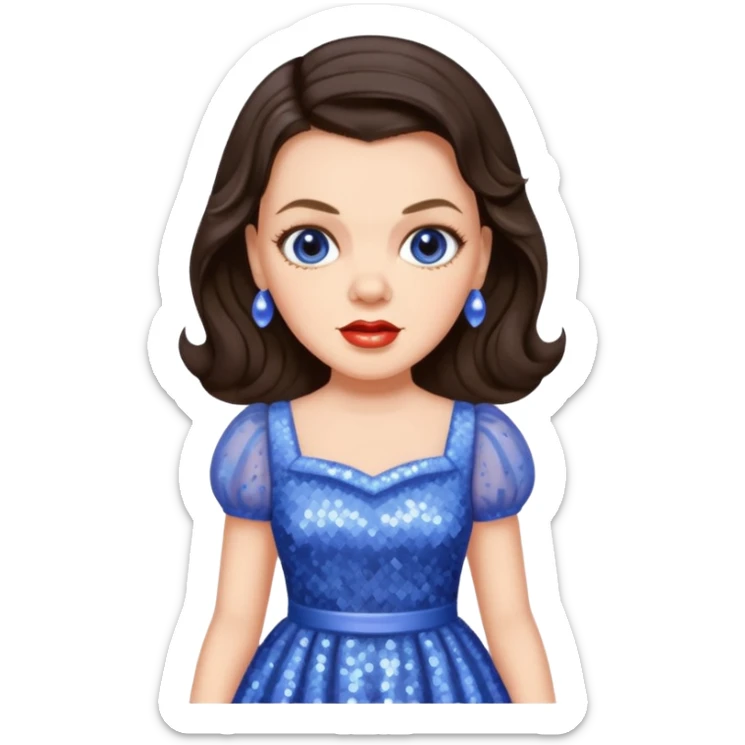 Judy Garland with long dark brown hair, periwinkle sequin dress sticker