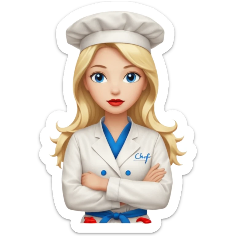Beautiful, sexy,  long blonde hair, blue eyed, full red lips plunging v neck chefs coat, female chef arms folded  sticker