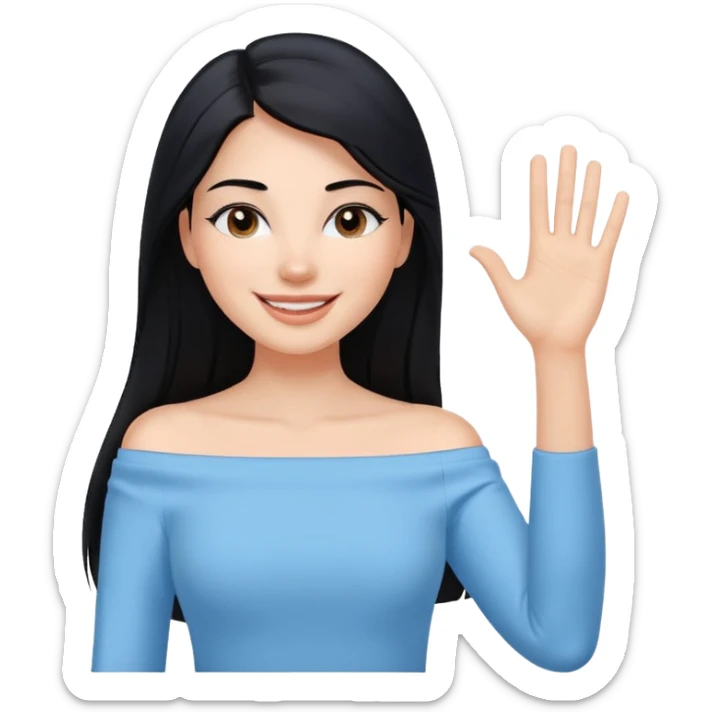 cewe ramah Kulit putih bersih, rambut hitam panjang sleek lurus. Pakai atasan biru muda off the shoulder . Pose tangan nyapa, tatapan senyum percaya diri. viber girls boss sticker