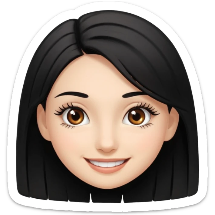emoji of a black-haired girl smiling widely and showing her eyelashes, no text sticker