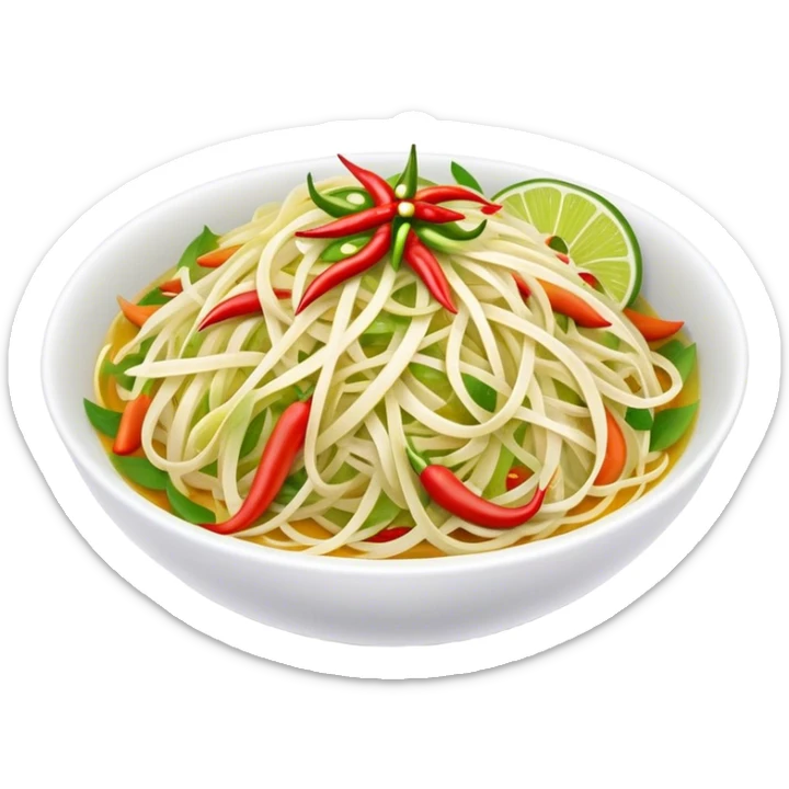 Cinematic Realistic Som Tam (Papaya Salad) Dish Emoji, featuring a spicy, tangy salad of shredded green papaya with chili and lime rendered with crisp textures and bright, lively lighting. sticker