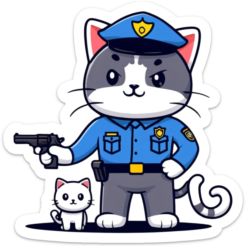 a police officer standing next to a mischievous cat holding a toy gun sticker