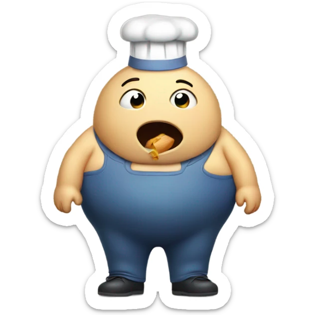 Overweight cartoon character with mouth and hands full of food sticker
