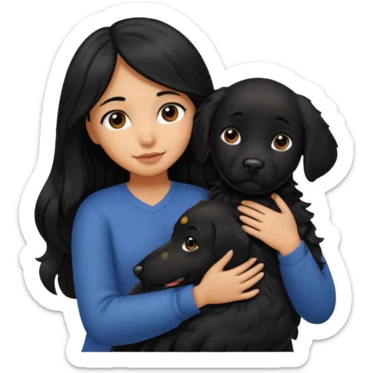 a girl with long, wavy black hair hugging a black Labrador with black fur a sticker