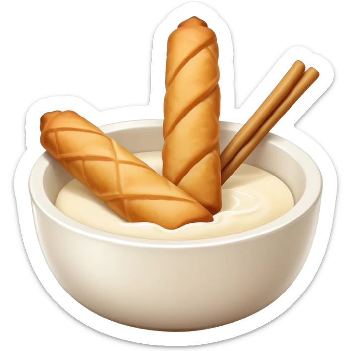 Soy milk and fried dough sticks Doujiang Youtiao in bowl and stick, simplified emoji style with bold outlines and bright colors, cartoon style traditional Chinese breakfast combo sticker