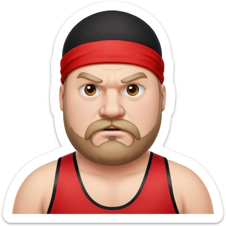 Close-up of very fat white skin guy with young face, beard and mustache, no muscle with prominent black durag, black eyes in a red and black wrestling singlet with angry face sticker