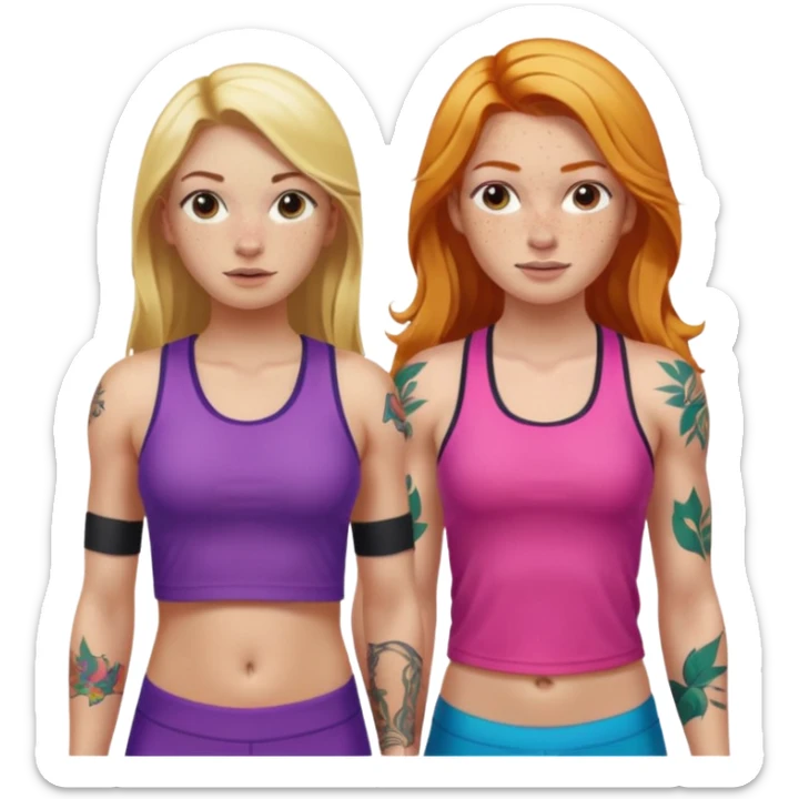 girl with long blonde hair and tattoos next to an athletic ginger girl colorful clothes sticker
