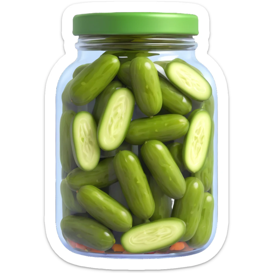 clear jar showing green pickles in brine, glossy rich dark green lid, pickles and liquid clearly visible through glass sticker