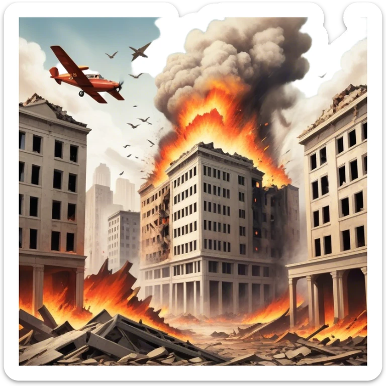A vintage movie poster-style design with a dramatic scene of a natural disaster like an earthquake, tornado, or tsunami. Include crumbling buildings, flying debris, and fiery explosions. The background should be chaotic, with a cinematic, apocalyptic vibe. Transparent background. sticker