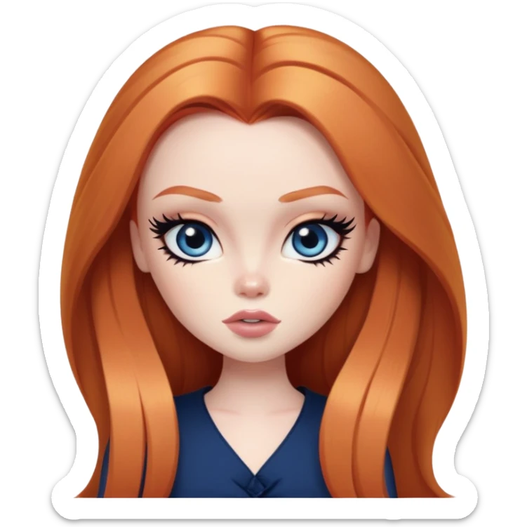 straight long ginger hair, pale skin, dark blue eyes, pretty bratz baddie, black eyeliner, blush sticker