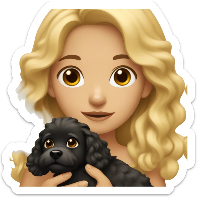 A girl with blonde wavy hair and brown eyes holding a small black fluffy dog sticker