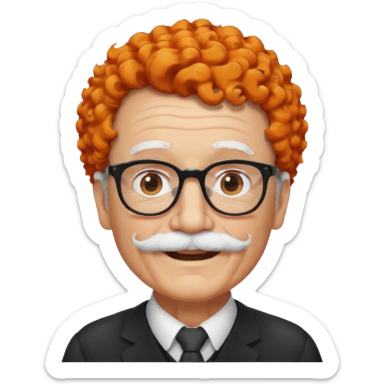 An elderly man with curly orange hair, brown eyes, black glasses, and a white mustache, wearing a gentle smile. sticker
