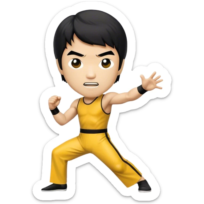 Cinematic Realistic Bruce Lee Pop Culture Emoji, featuring a dynamic portrayal of the legendary martial artist rendered with crisp detail and energetic lighting. sticker