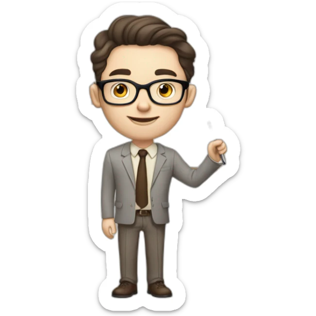 Pale skinned fit man with dark brown hair in gray jacket, beige office shirt, brown tie, brown pants and vintage glasses Writing on the flipchart sticker