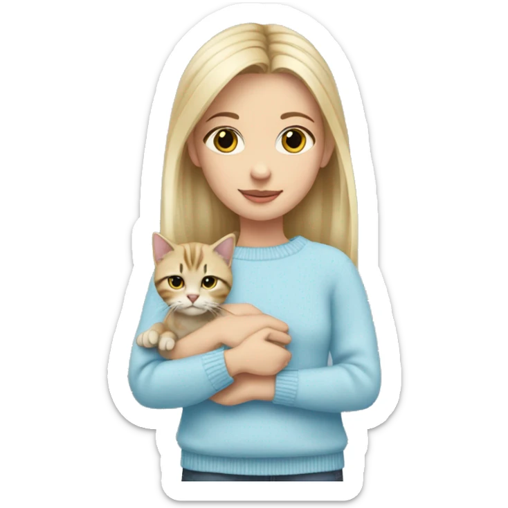 Blond shoulder lenght hair girl in a baby blue sweater holding a tabby cat with with paws and face sticker