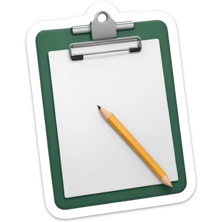 white sheet of paper with dark green clipboard and pencil on the side, iOS emoji style, minimalism sticker