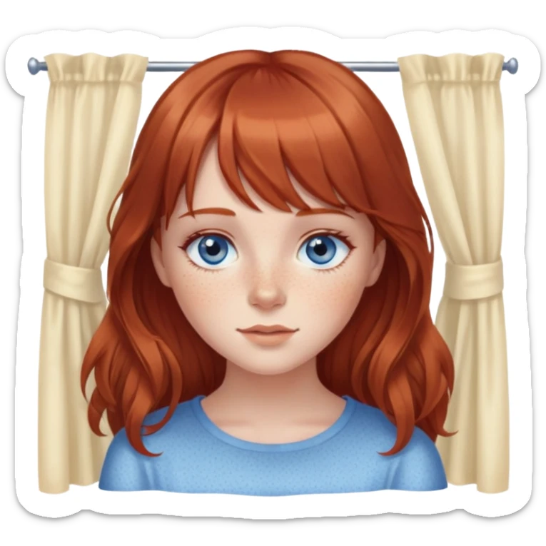 Brown red hair girl with eyelashes and blue eyes and freckles with a small nose and flowy hair with curtain bangs  sticker