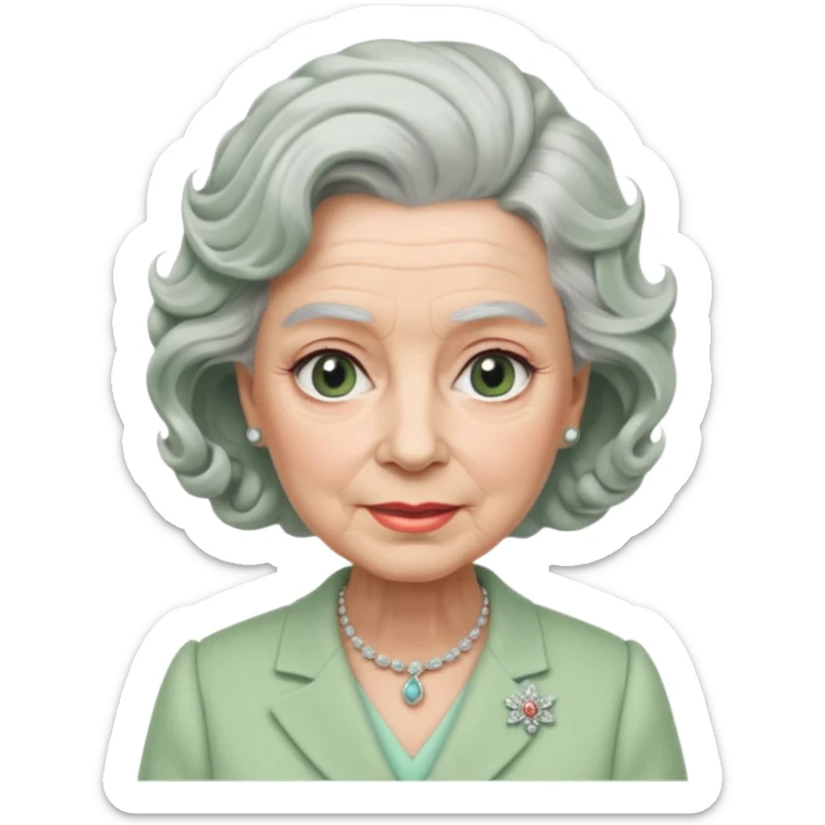 Queen Elizabeth with grey hair and waves in pastel green clothes sticker