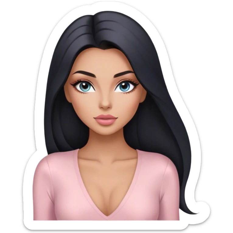 Glamours, tanned, very beautiful girl, with big pump peach-beige-rose lips, long long lashes, black straight smooth silky long hair, straight parting hair, blue-grey eyes in light pink long-sleeves v-neck bodysuit sticker