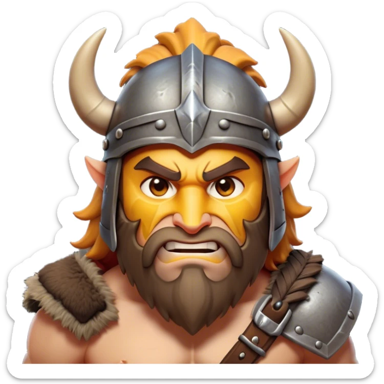 Cinematic Fierce Barbarian Portrait Emoji, Poised and bold with a rugged yet cartoonish build in tattered furs and a horned helmet, expressive bright eyes and a confident smirk, Simplified yet dynamic features, highly detailed, glowing with a vivid, adventurous aura, high shine, heroic and spirited, stylized with an air of medieval warrior charm, focused and energetic, soft glowing outline, capturing the essence of a fearless barbarian adventurer ready to lead his clan with spirited valor! sticker