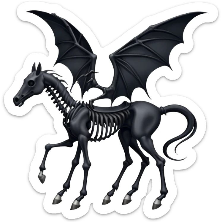 thestral: Winged horses visible only to those who have witnessed death and understand its significance. Can u make it thinner? Like an achal tekkine? Long legs, wings like from a bat, head like a sekeleton horse sticker