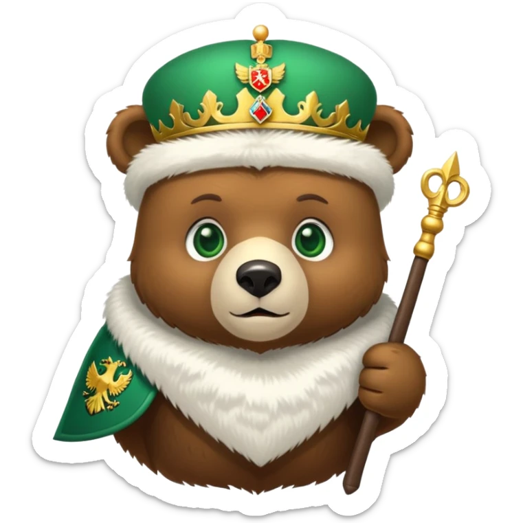 Adorable brown bear with green eyes, white furry ushanka, detailed Russian Federation emblem with golden double-headed eagle, three crowns, scepter and orb, St. George on chest shield, minimalist iOS emoji style sticker