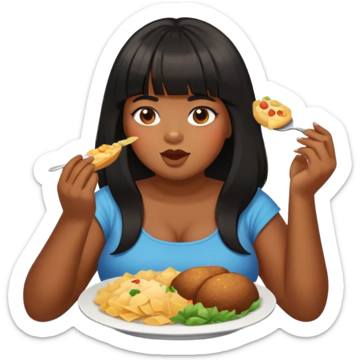 Brown skin girl with bangs black long hair plus size with food sticker