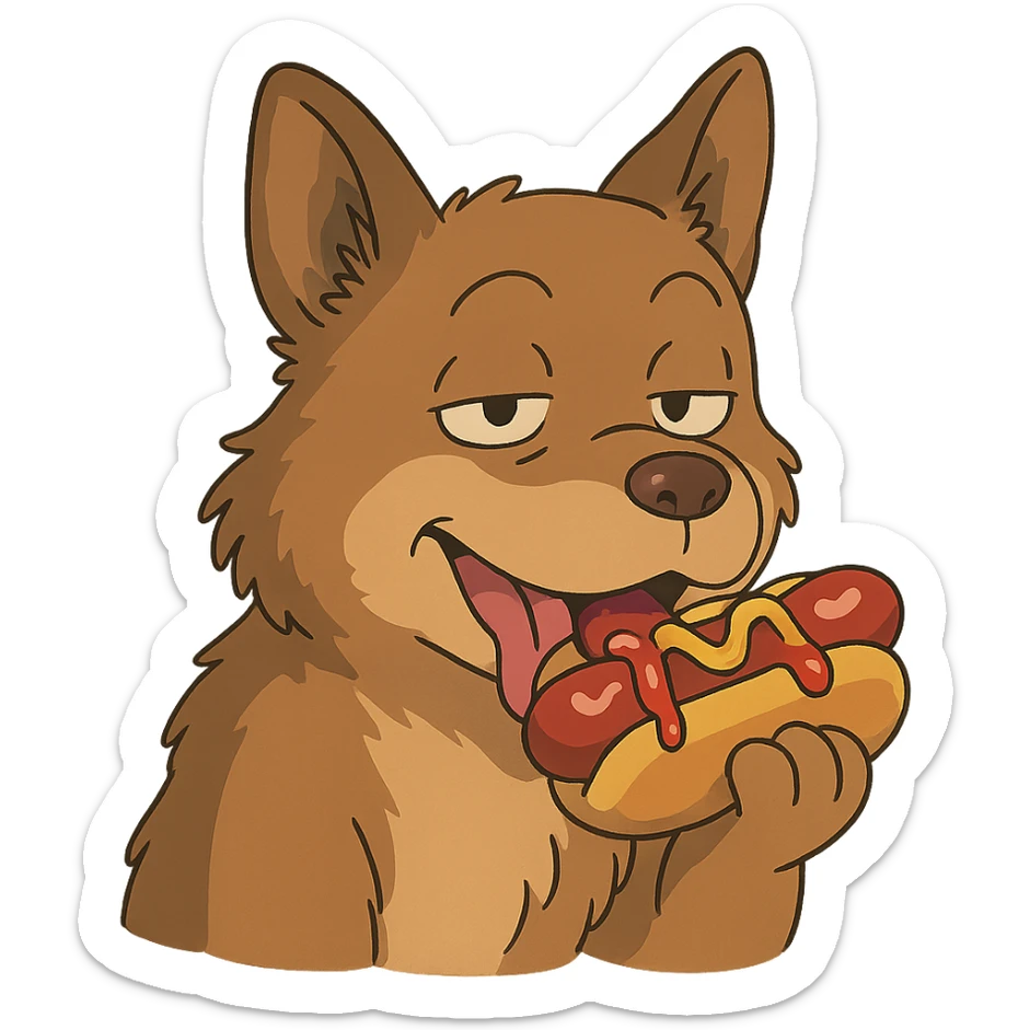 dog eating a sussy hot dog in ghibli style sticker