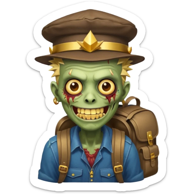 Zombie portrait with spikey hair, smirking with gold teeth, Astor’s hat, and a backpack sticker